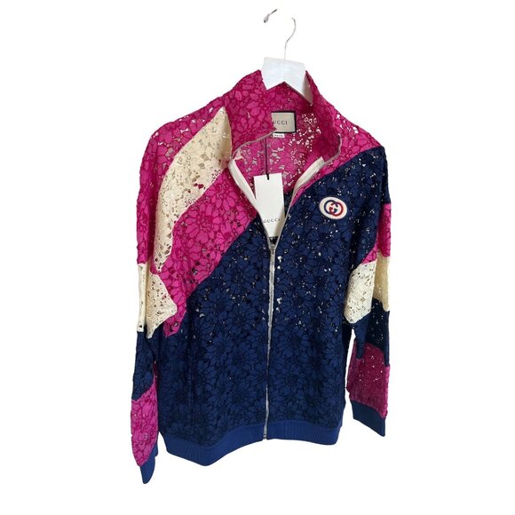 Gucci Lace Bomber Jacket Pink Navy Cream Zip-Up Logo Patch - Picture 4 of 16